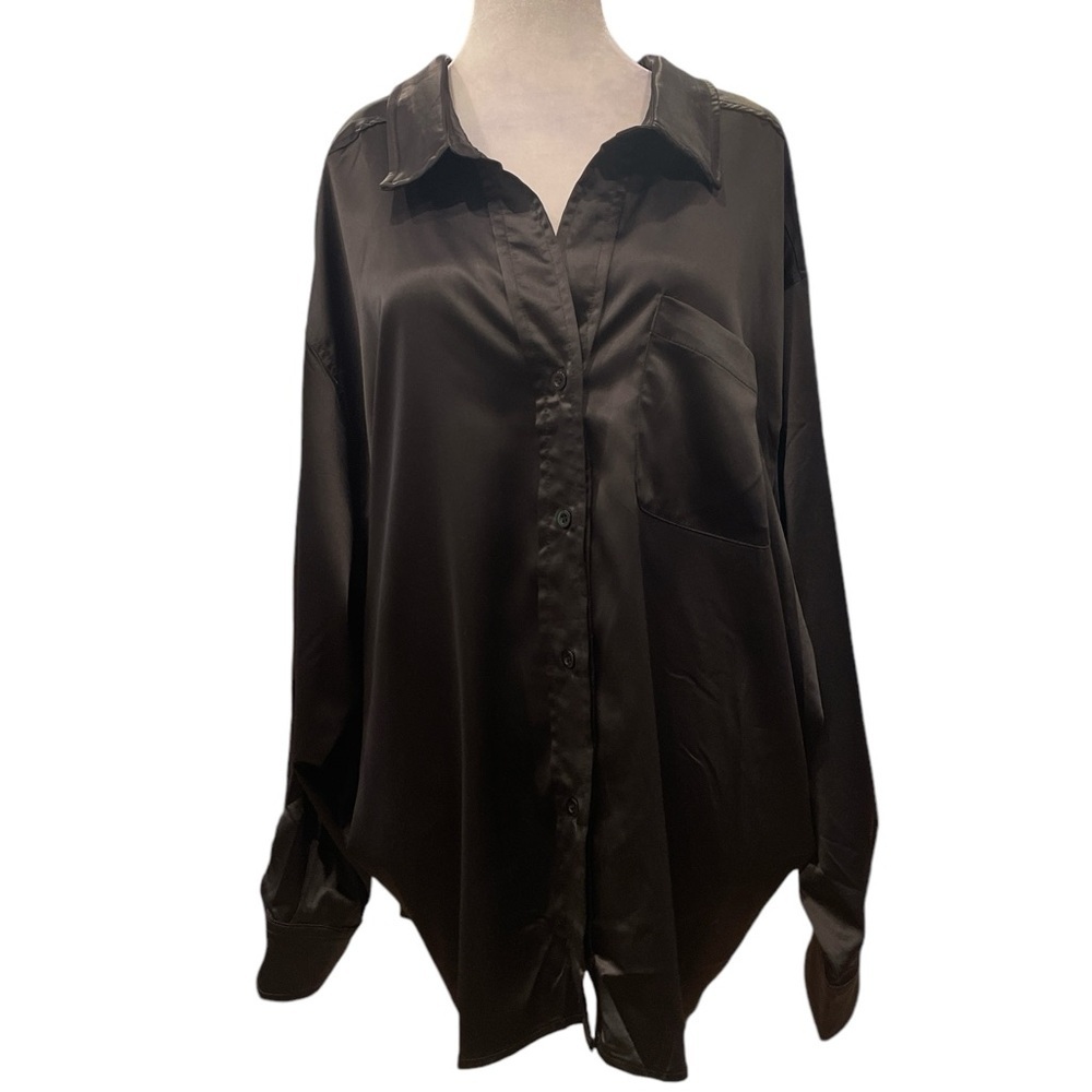 HYFVE S black shiny satiny long sleeve back pleated pocketed button up blouse